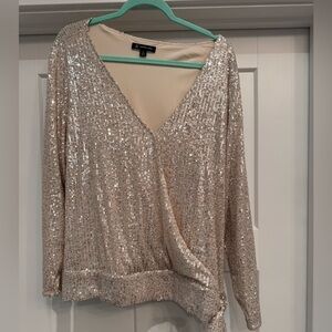 INC International Concepts Gold Sequin Asymmetrical Blouse 3/4 Sleeve